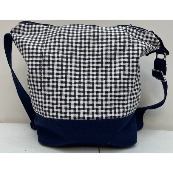 Lands End Shoulder Bag Gingham Check Navy White Canvas Zip Tote Purse Adjustable - Picture 2 of 7